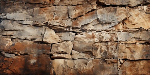 Texture of brown rock. Mountain rough cracked surface. Close - up. Stone granite wall background with copy space for design. Wide banner