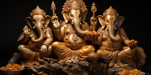 Fototapeta na wymiar The ganeshas are pictured in their sitting pose, with gold plated hands& arms