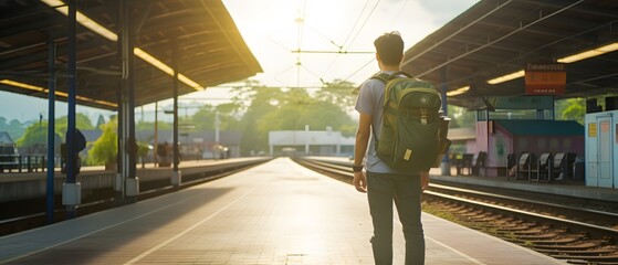 Thai Traveler: Man with Backpack Walking to Morning Train