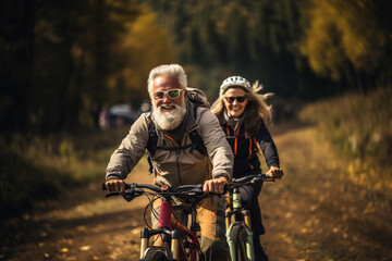 happy elderly retired couple riding bicycles in the forest