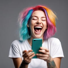 Naklejka premium Happy young woman with colored hair and a smartphone in her hands laughs and screams with joy