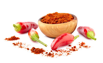 Chilli pepper  on white background. Chilli  for  Jalapeno hot sauce. Mexican cuisine.  Dried spice in wooden bowl.
