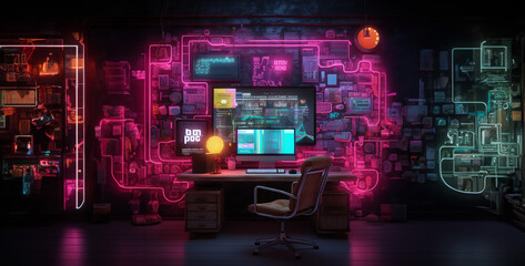 a neon room with a computer screen hd wallpaper