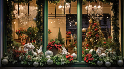 Fototapeta na wymiar Christmas shop window decorated background. New Year's design decor for stores. Festive mood. Christmas and New Year sales concept. Stylish decoration storefront with garland lights and fur trees.
