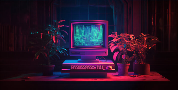 lights on the wall, a neon room with a computer screen hd wallpaper