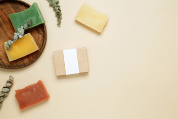 Natural eco-friendly soaps with different additives and soap in a mock up package