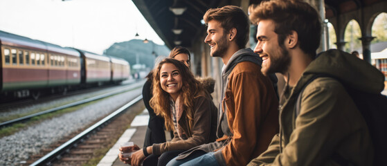 Carefree Friends Waiting at Porto Station for Train - obrazy, fototapety, plakaty