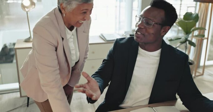 Business woman, man and laptop with partnership, coach or laugh with easy solution at training. Senior manager, mentorship and employee with computer, funny chat and support for planning in workplace