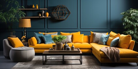 A huge living room's accent lounge. blue and yellow hues. Dark blue wall that is empty and a bright yellow sofa with mustard undertones