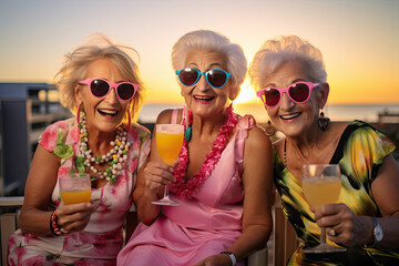 Stylish and cheerful old ladies friends enjoying a fun beach party, sharing drinks and toasting their eternal friendship. - obrazy, fototapety, plakaty