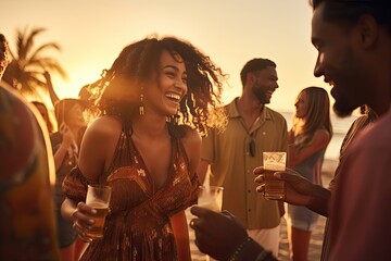 A group of friends enjoy a fun summer party at a beach festival, celebrating, dancing and toasting their happiness and friendship under a beautiful sunset.