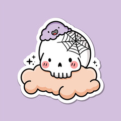 Cute kawaii halloween skull on a cloud. Vector illustration.