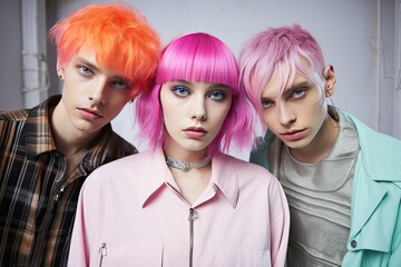 Stylish fashionable youth portrait. They showcase a quirky and kitschy aesthetic with bold makeup and brightly colored hair.