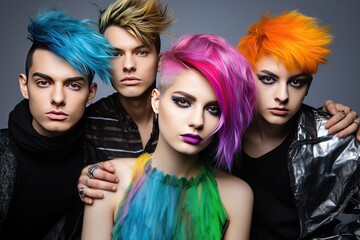 Obraz premium A vibrant portrait of young modern folk with colorful punk hairstyles, the ethereal beauty exudes a blend of fantasy, cyberpunk and otherworldly allure.