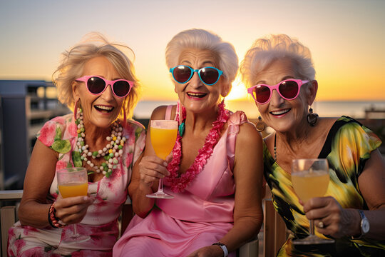 Stylish And Cheerful Old Ladies Friends Enjoying A Fun Beach Party, Sharing Drinks And Toasting Their Eternal Friendship.