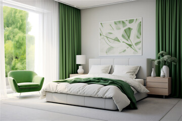 Modern bright interior of a white and green bedroom - obrazy, fototapety, plakaty