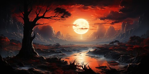 A painting of a red planet in the distance with a red moon in the distance