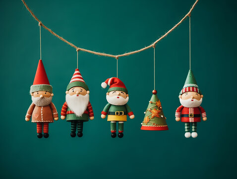 Handmade gnomes made of yarn, fabric and paper hang on a thread against a green wall. Christmas decorations.