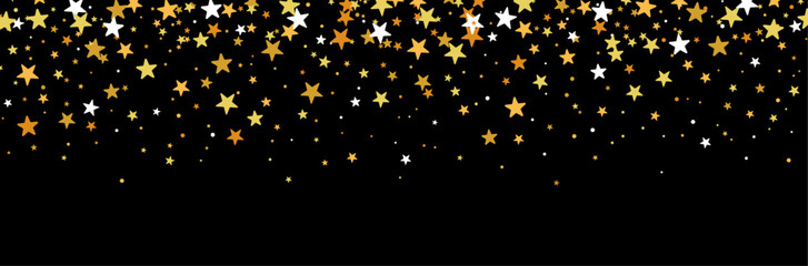 Bannière - Arrière-plan d'étoiles et paillettes pour les fêtes - Fond noir - Festivités - Célébrer - Célébration - Ciel étoilé - Couleur or - Fond étoilé - Illustration vectorielle éditable - Déco