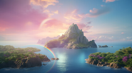 island with rainbow planet view in the sky, with generative ai