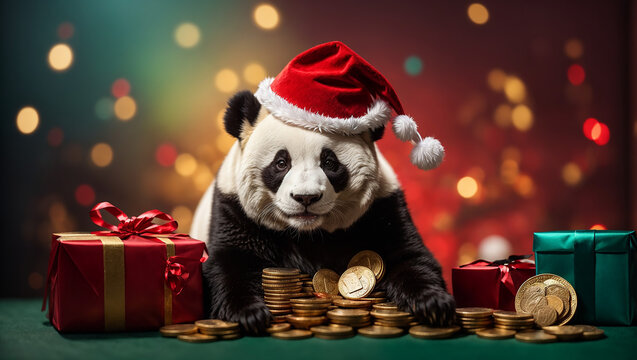 Panda with Santa hat and gift coins with colored background