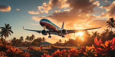 Airplane flying above palm trees in clear sunset sky with sun rays. Concept of traveling, vacation and travel by air transport - obrazy, fototapety, plakaty