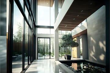 interior of a modern architectually designed home made from natural materials concrete marble floor to ceiling windows reflection blue sky water feature sparse indoor plants long focal length wide  - obrazy, fototapety, plakaty