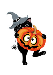 Funny black cat with pumpkin for Halloween