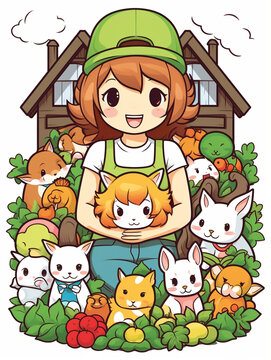 cute girl with farm and animals design print design