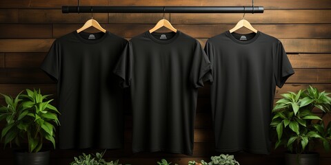 Black t-shirts weigh on a wooden background with houseplants, t-shirt mockup for your logo