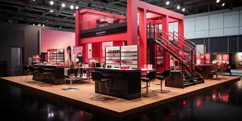 Commercial stand in an exhibition hall or a large professional salon ready to receive brands and advertisements