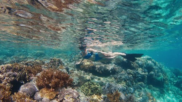 Woman in blue swimsuit snorkeling in the shallow area of tropical sea and slowly swims over the vivid coral reef. Komodo National Park, Indonesia