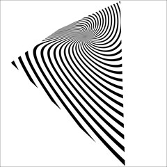Abstract twisted black and white background. Optical illusion of distorted surface. Twister stripes. Stylized 3d tunnel. Vector illustration.