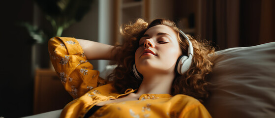 Peaceful Young Woman Listening to Music at Home