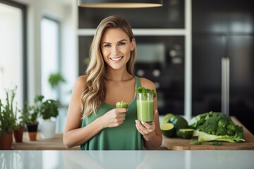 Beautiful Woman Holding Glass with Green Smoothie in Kitchen. Attractive female making detox of her body to be healthy