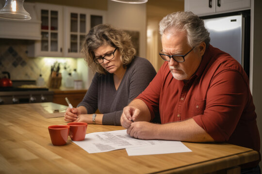 Adult Married Couple Sitting At A Wooden Table And Looking Sadly At The Received Loan Bills Or Credit