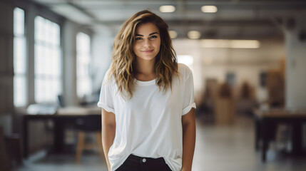 portrait of creative young woman at work wearing a white tshirt and jeans smiling to camera in casual office	