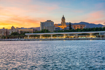 Malaga sunset skyline form the city port