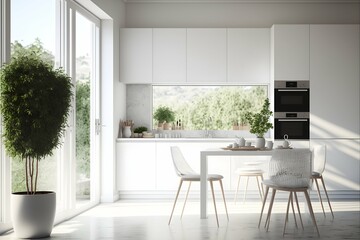 highly detailed Cinematic shot of a beautiful minimalistic contemporary and modern all pure white kitchen with french doors into garden overlooking sea with muted colours extremely photorealistic 