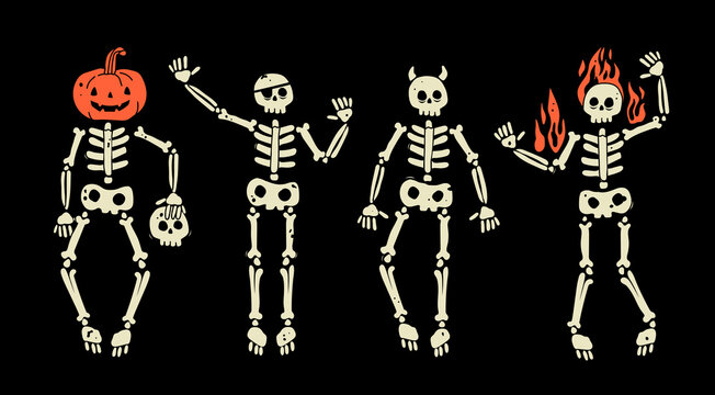 Set of various Skeleton. Human skeletons with pumpkin head, eyepatch, horns and flame. Hand drawn modern Vector illustration. Isolated design templates. Cute creepy characters. Halloween concept