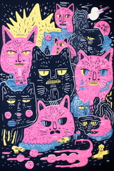 cat pattern in stylized modern outlined zine illustration	