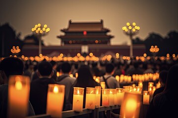 Candlelight Vigil for Solidarity and Justice in Tianmen Square at Night, with Bokeh Background and Black Silhouettes - obrazy, fototapety, plakaty