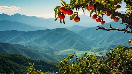 Fotobehang Catalan Mountain Canigou with Sun-kissed Peaches - A Stunning Scenic View © AIGen