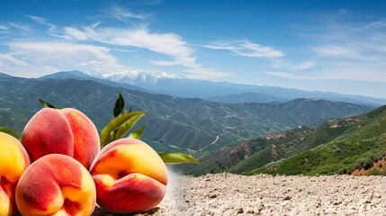 Catalan Mountain Landscape with Peaches and Sun over Canigou Peak - obrazy, fototapety, plakaty