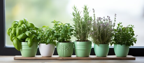 Indoor windowsill with variety of aromatic potted herbs - Powered by Adobe