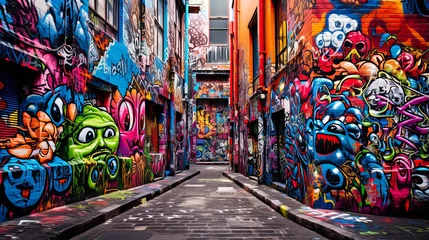 Photo sur Plexiglas Graffiti Colorful Street Art in Melbourne: Exploring the Funky Graffiti of Hosier Lane with Tags in Red and Blue Colors