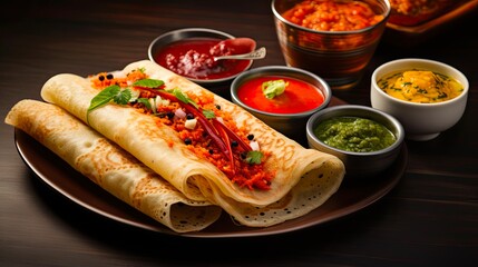 South Indian Dosa Breakfast - Traditional Vegetarian Meal at Tamil Eatery with Spicy Chutney and Sambar, Top View - obrazy, fototapety, plakaty