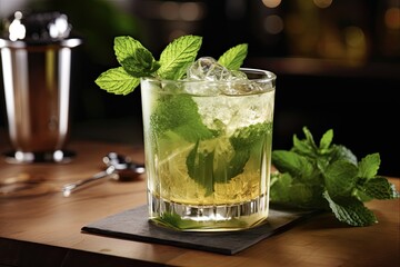 Refreshing Mint Julep Cocktail in a Glass with Bourbon, Citrous Twist and Aromatic Mint on Table Background - obrazy, fototapety, plakaty