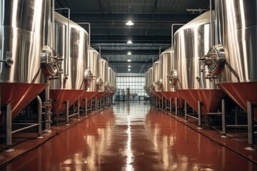 Steel Tank Rows for Beer Fermentation & Maturation in Craft Brewery. Equipment for Alcohol Production & Manufacturing in Industrial Factory - obrazy, fototapety, plakaty