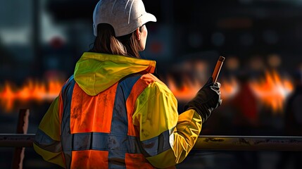 Roadside Traffic Control Construction Worker in High Visibility Clothes Holding Stop Stick for Highway Safety